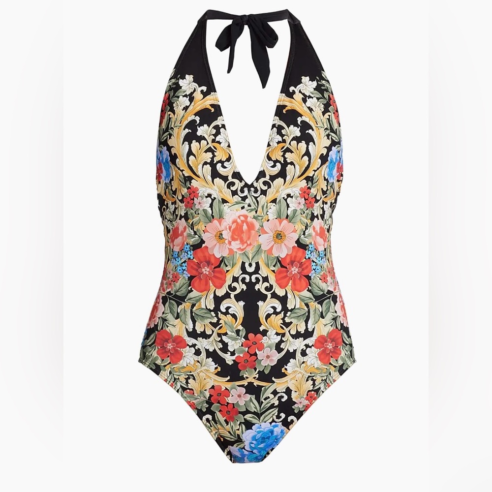 Johnny Was Black Royal Halter One Piece Swimsuit Swimwear Size L NWT